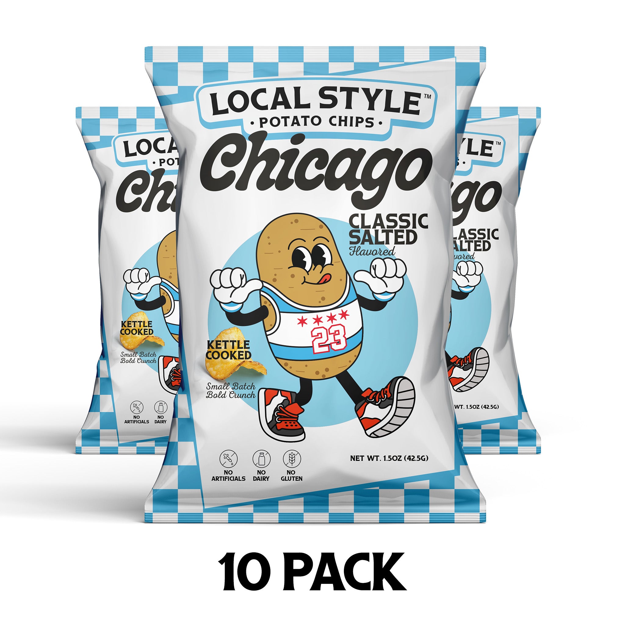 Chicago Local Style potato chips, Chicago Classic Salted Flavor Chips. 10 Multi Pack, Gourmet Chips Chicago, Local Chicago Snack Brand, Kettle Cooked, Chicago chip company snack brand, No artificials, No meat, no gluten, dairy free.