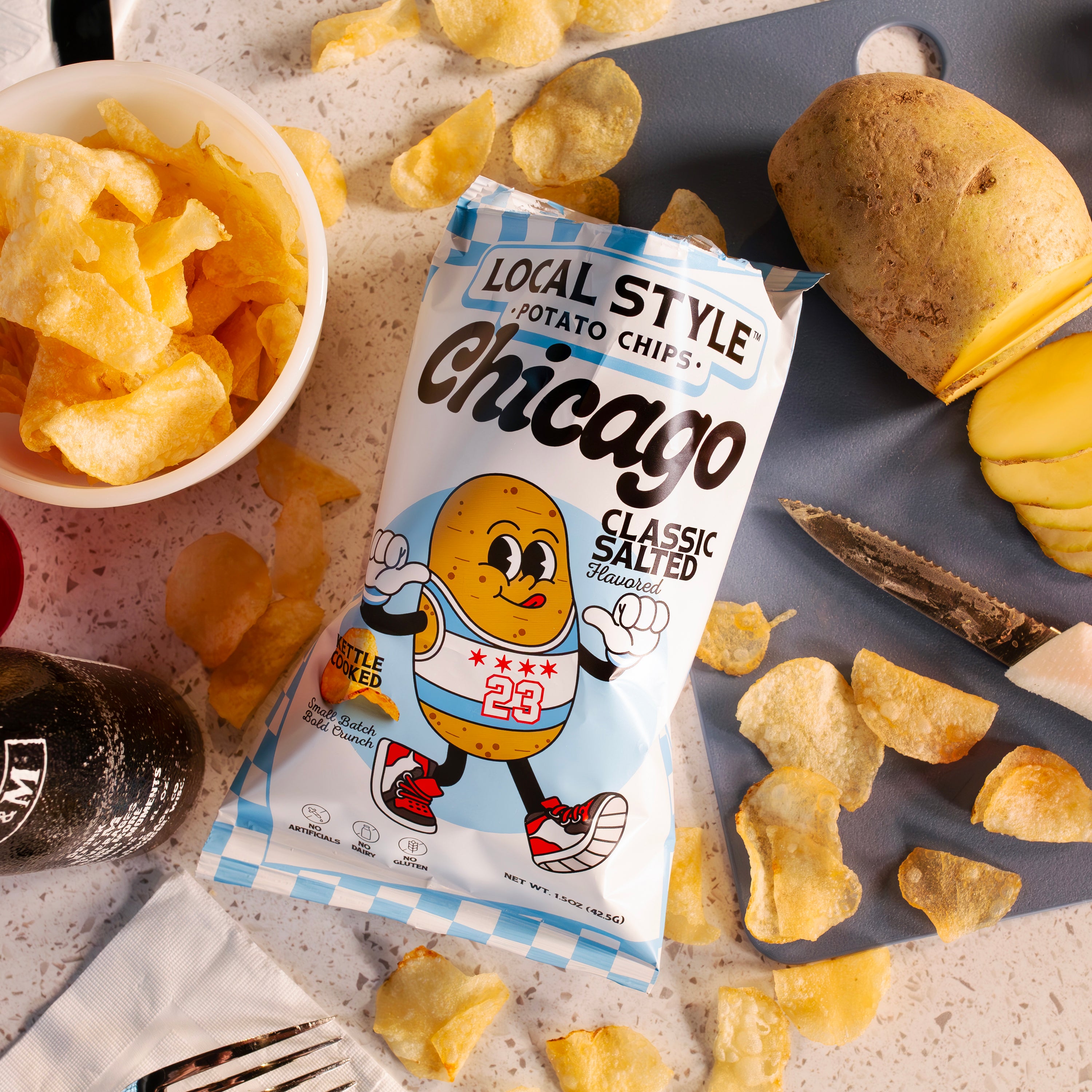 Chicago Local Style potato chips, Chicago Classic Salted Flavor Chips. 10 Multi Pack, Gourmet Chips Chicago, Local Chicago Snack Brand, Kettle Cooked, Chicago chip company snack brand, No artificials, No meat, no gluten, dairy free.