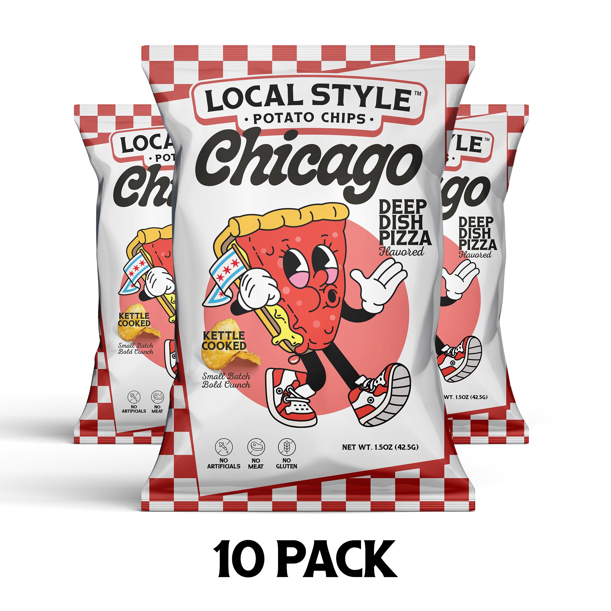 Chicago Local Style potato chips, Chicago Deep Dish Pizza Flavor Chips. 10 Multi Pack, Gourmet Chips Chicago, Local Chicago Snack Brand, Kettle Cooked, Chicago chip company snack brand, No artificials, No meat, no gluten, dairy free.