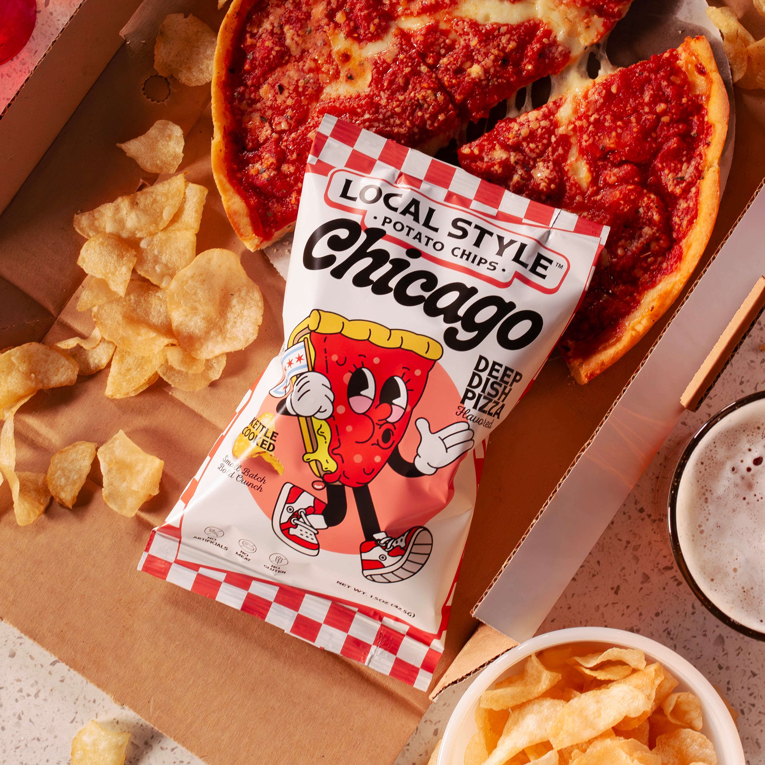 Chicago Local Style potato chips, Chicago Deep Dish Pizza Flavor Chips. 10 Multi Pack, Gourmet Chips Chicago, Local Chicago Snack Brand, Kettle Cooked, Chicago chip company snack brand, No artificials, No meat, no gluten, dairy free.