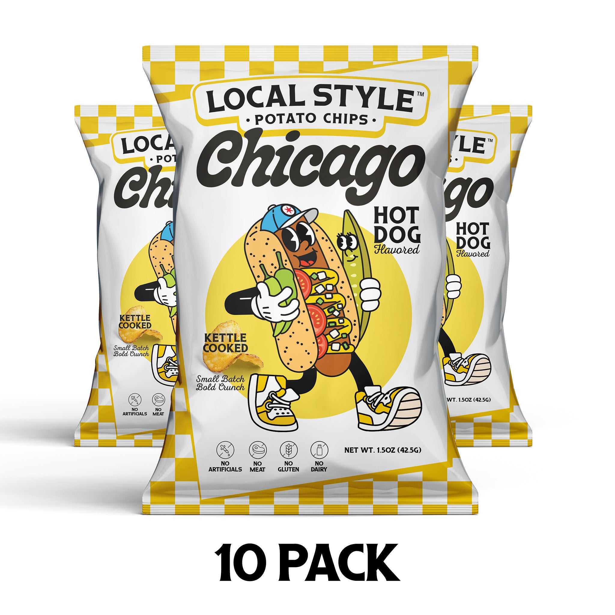 Chicago Local Style potato chips, Chicago Hot Dog Flavor Chips. 10 Multi Pack, Gourmet Chips Chicago, Local Chicago Snack Brand, Kettle Cooked, Chicago chip company snack brand, No artificials, No meat, no gluten, dairy free.