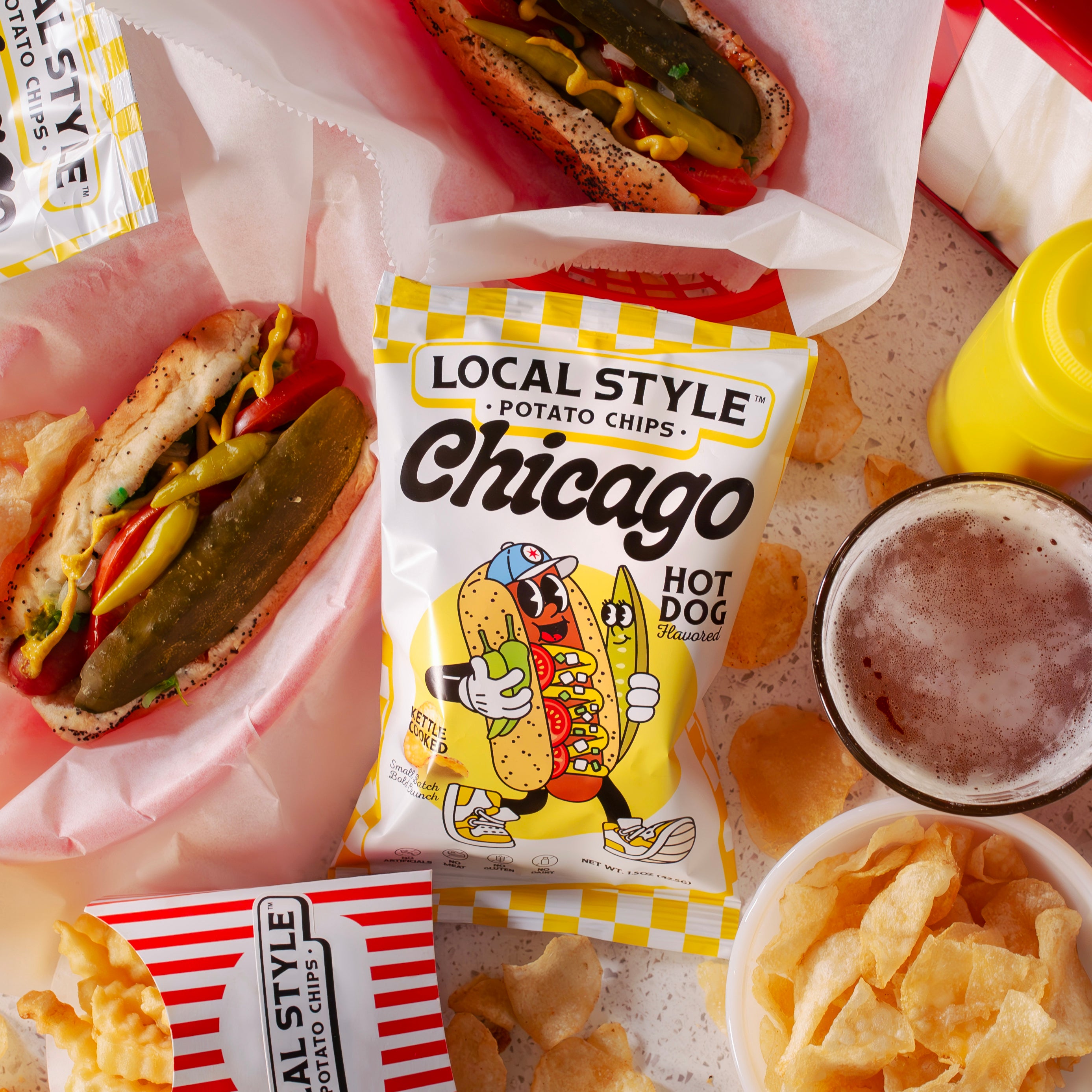 Chicago Local Style potato chips, Chicago Hot Dog Flavor Chips. 10 Multi Pack, Gourmet Chips Chicago, Local Chicago Snack Brand, Kettle Cooked, Chicago chip company snack brand, No artificials, No meat, no gluten, dairy free.