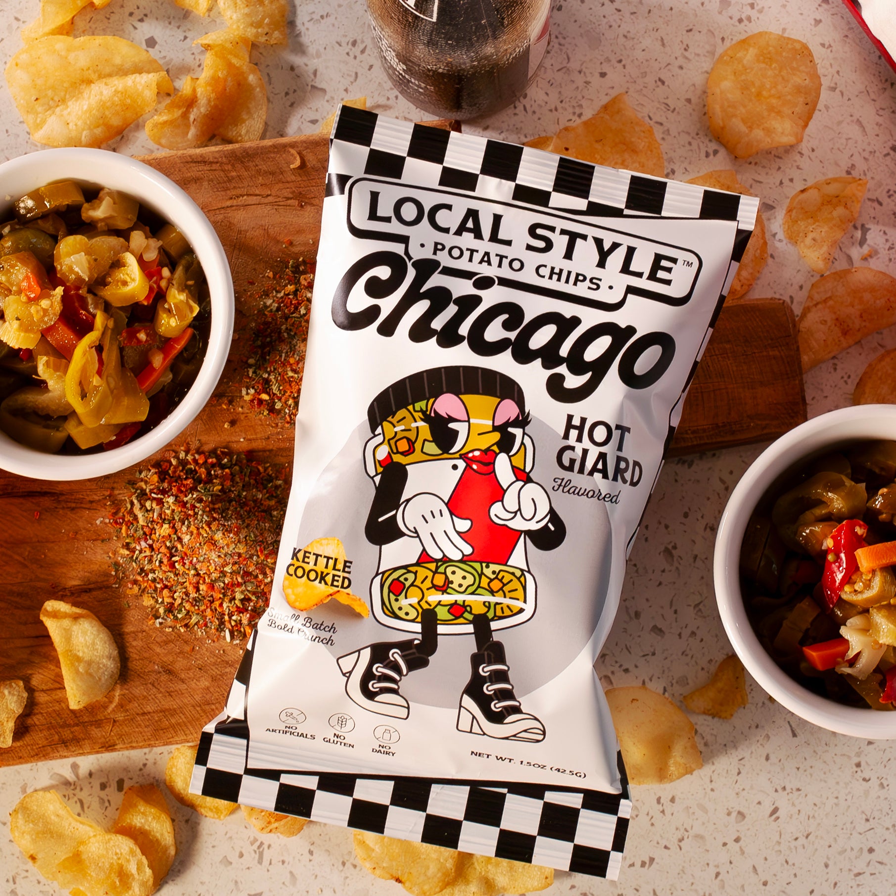 Chicago Local Style potato chips, Chicago Hot Giardiniera Flavor Chips. 10 Multi Pack, Gourmet Chips Chicago, Local Chicago Snack Brand, Kettle Cooked, Chicago chip company snack brand, No artificials, No meat, no gluten, dairy free.
