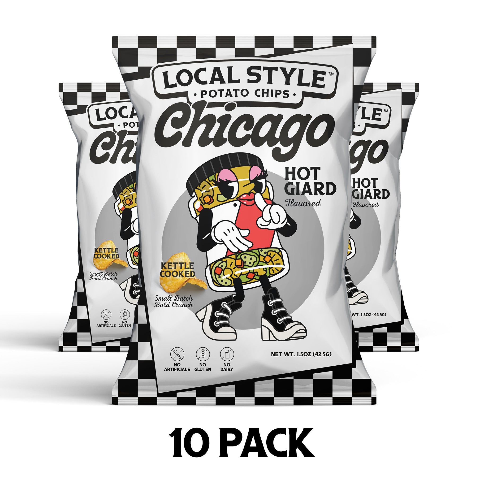 Chicago Local Style potato chips, Chicago Hot Giardiniera Flavor Chips. 10 Multi Pack, Gourmet Chips Chicago, Local Chicago Snack Brand, Kettle Cooked, Chicago chip company snack brand, No artificials, No meat, no gluten, dairy free.