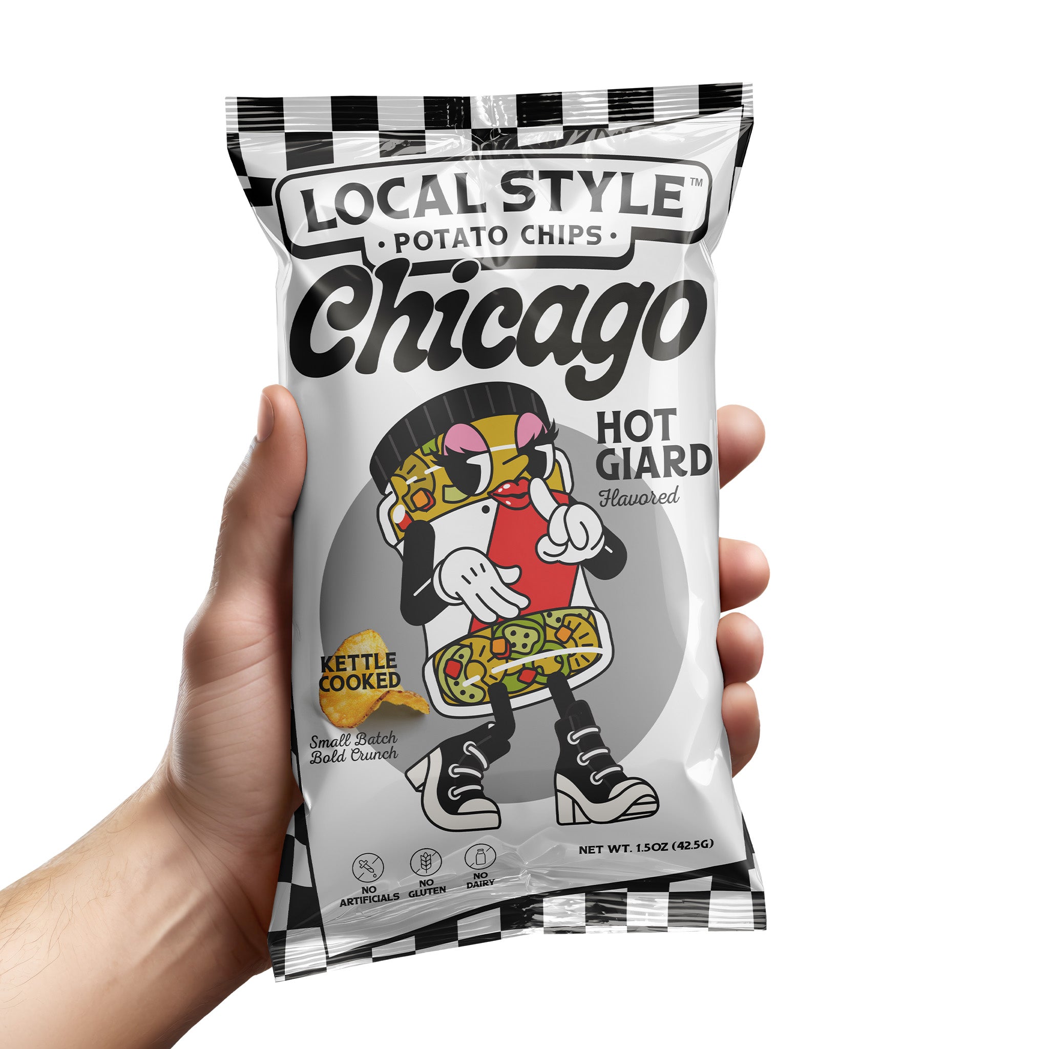 Chicago Local Style potato chips, Chicago Hot Giardiniera Flavor Chips. 10 Multi Pack, Gourmet Chips Chicago, Local Chicago Snack Brand, Kettle Cooked, Chicago chip company snack brand, No artificials, No meat, no gluten, dairy free.