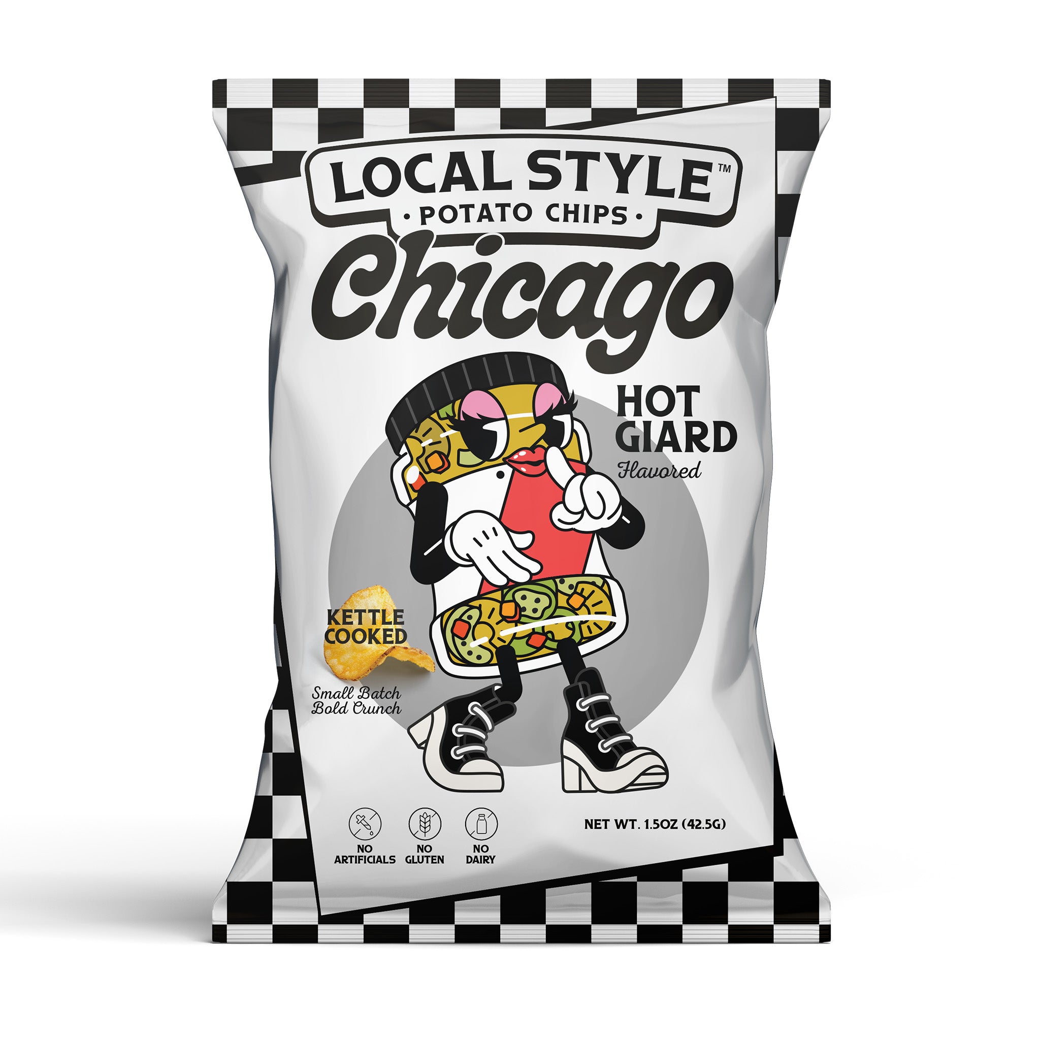 Chicago Local Style potato chips, Chicago Hot Giardiniera Flavor Chips. 10 Multi Pack, Gourmet Chips Chicago, Local Chicago Snack Brand, Kettle Cooked, Chicago chip company snack brand, No artificials, No meat, no gluten, dairy free.