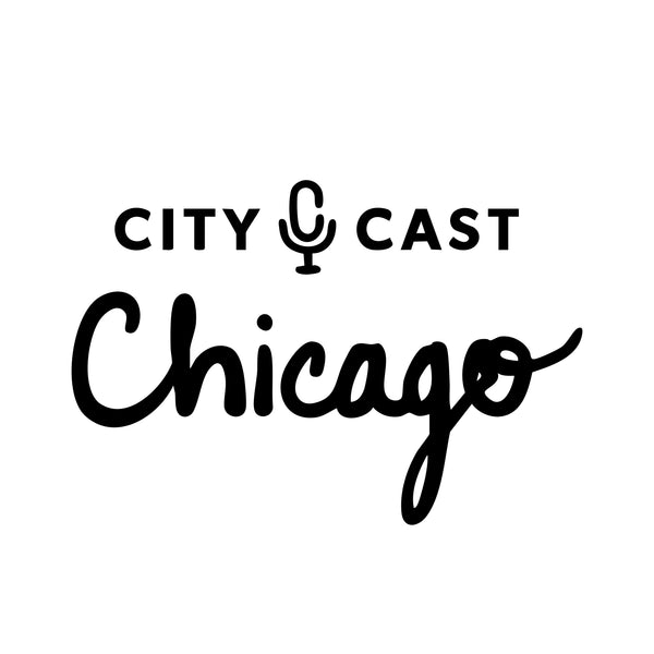 Logo of City Cast Chicago with a microphone icon on a white background
