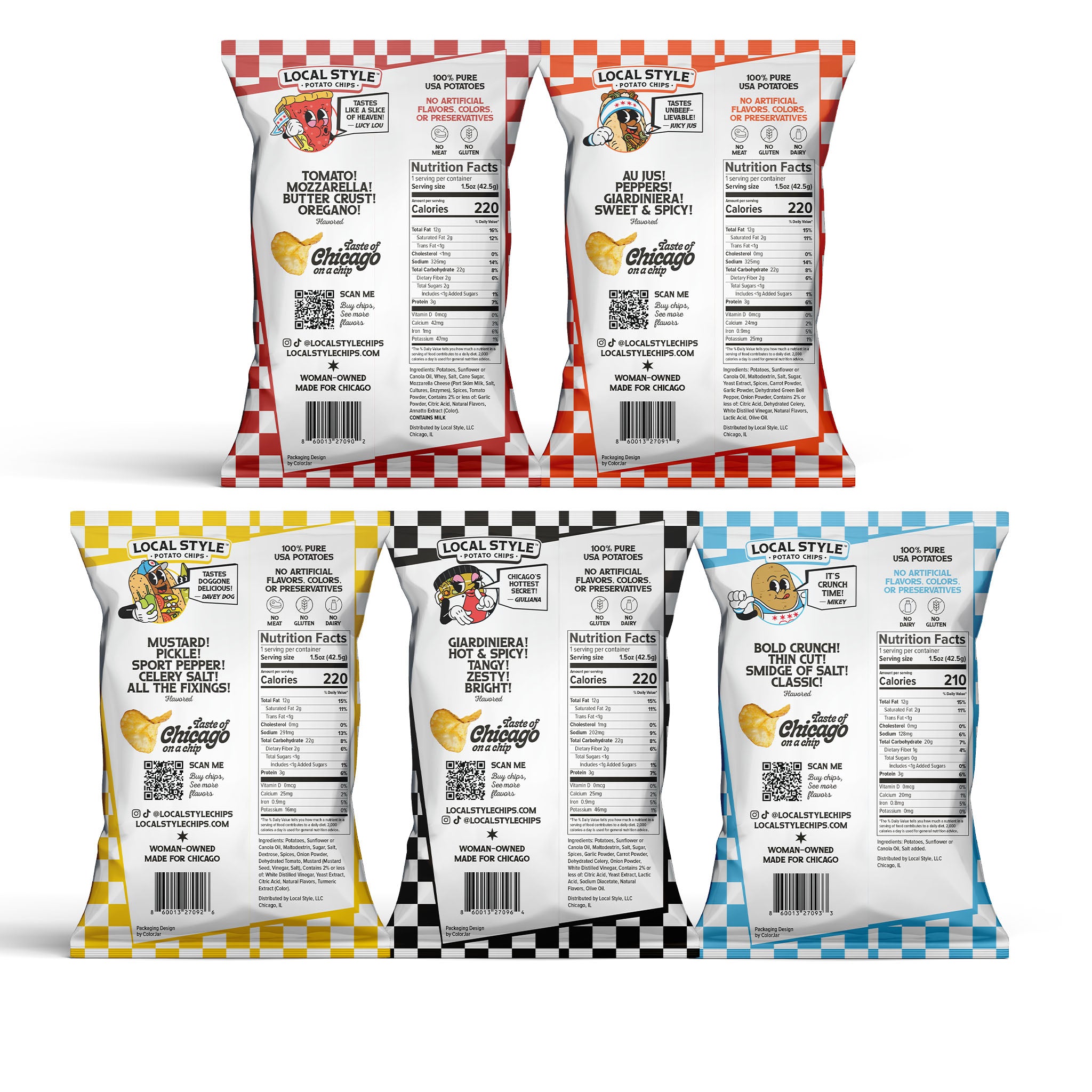 Five bags of Local Style Chicago chips with different flavors on a white background