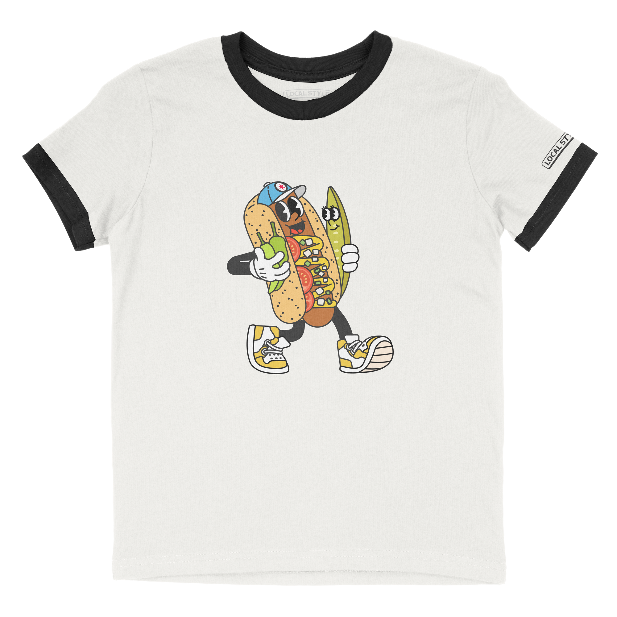 White kids t-shirt with black ringer sleeves and collar featuring a cartoon hot dog character on a white background