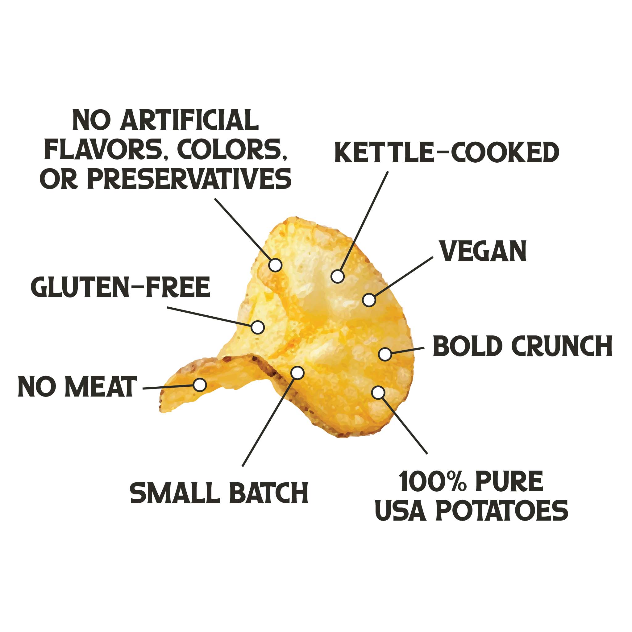 Kettle-cooked potato chip with text highlighting features on a white background