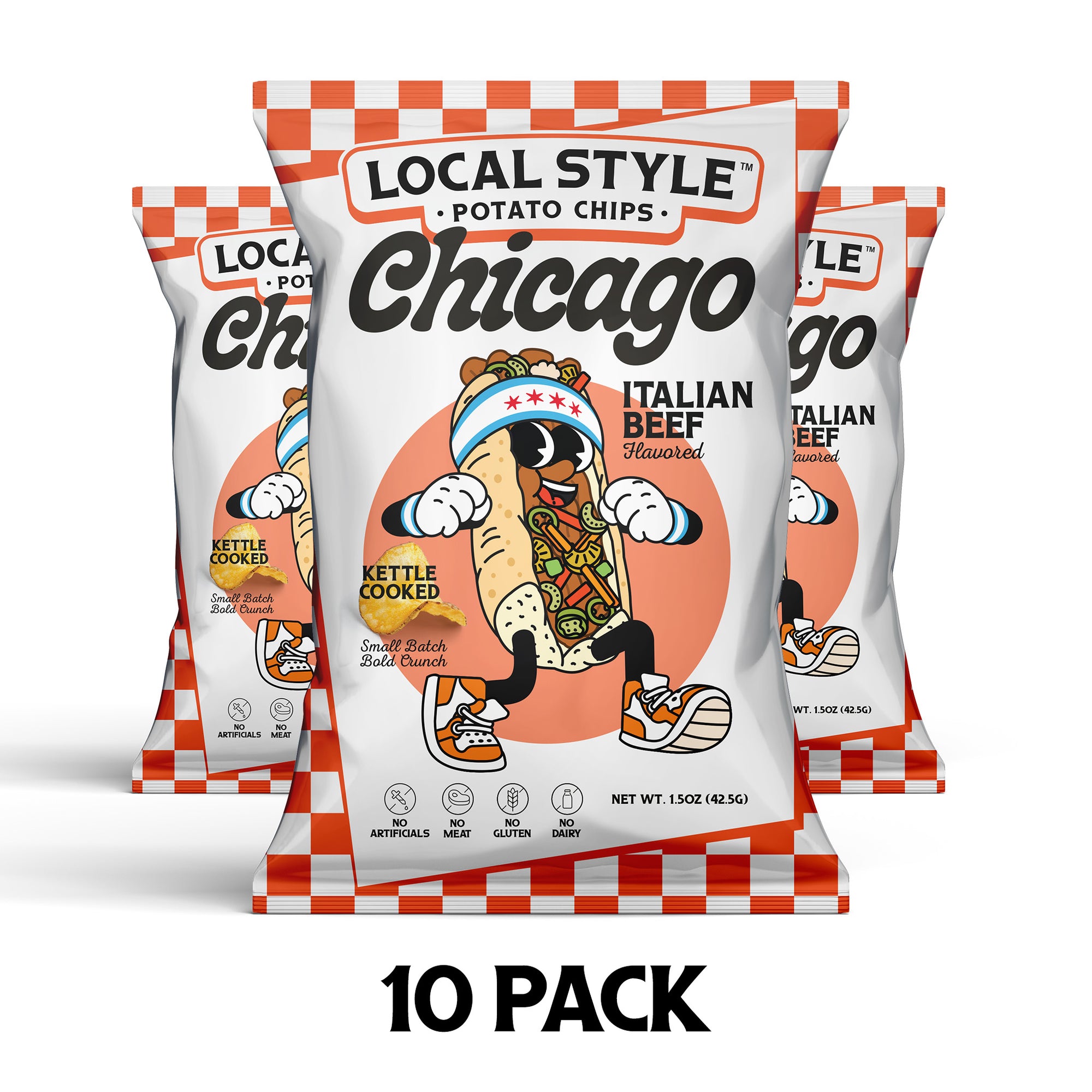 Chicago Local Style potato chips, Chicago Italian Beef Flavor Chips. Gourmet Chips Chicago, Local Chicago Snack Brand, Kettle Cooked, Multi-Pack Local Style Snacks, Chicago chip company snack brand, No artificials, No meat, no gluten, dairy free.