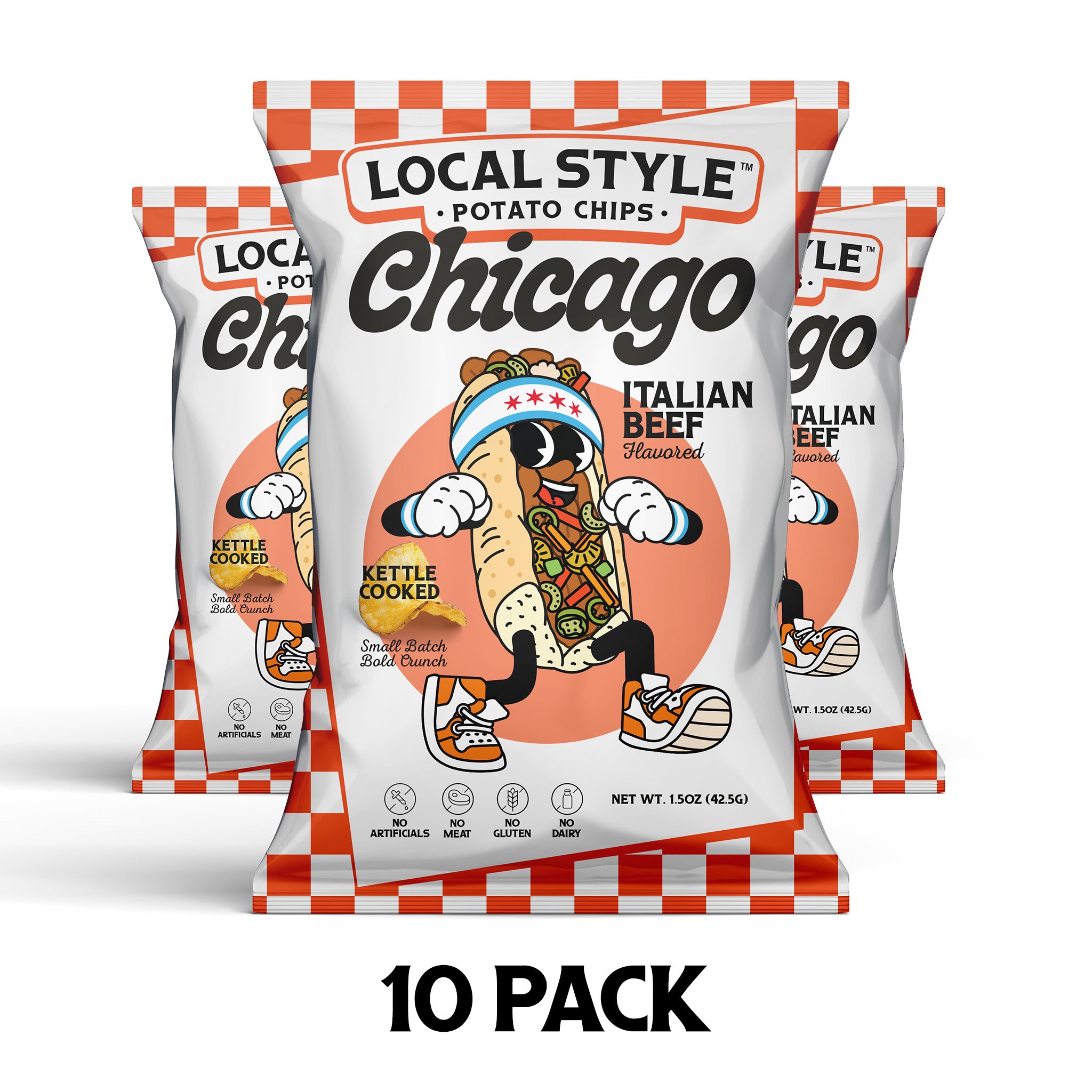 Chicago Local Style potato chips, Chicago Italian Beef Flavor Chips. Gourmet Chips Chicago, Local Chicago Snack Brand, Kettle Cooked, Multi-Pack Local Style Snacks, Chicago chip company snack brand, No artificials, No meat, no gluten, dairy free.