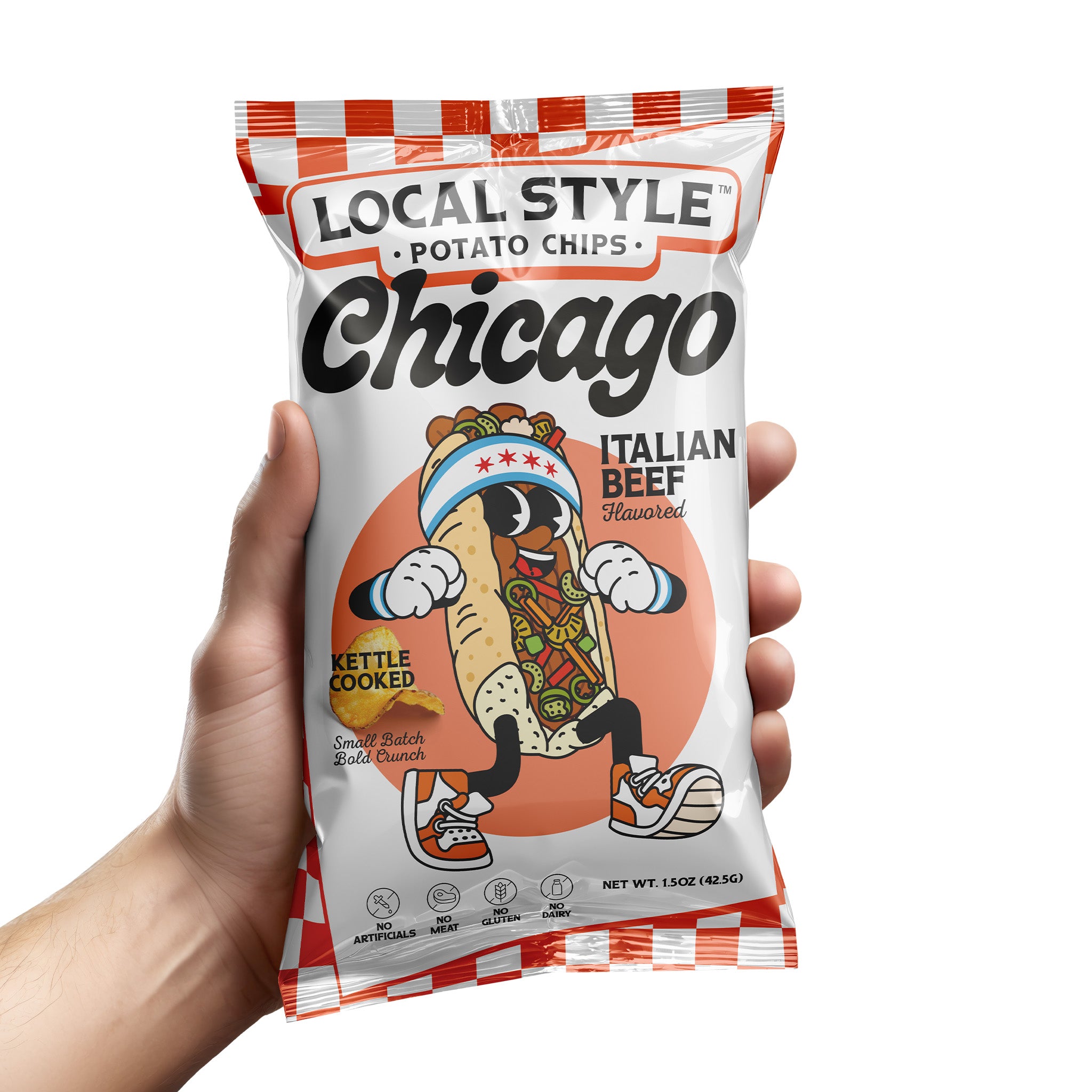 Chicago Local Style potato chips, Chicago Italian Beef Flavor Chips. Gourmet Chips Chicago, Local Chicago Snack Brand, Kettle Cooked, Multi-Pack Local Style Snacks, Chicago chip company snack brand, No artificials, No meat, no gluten, dairy free.
