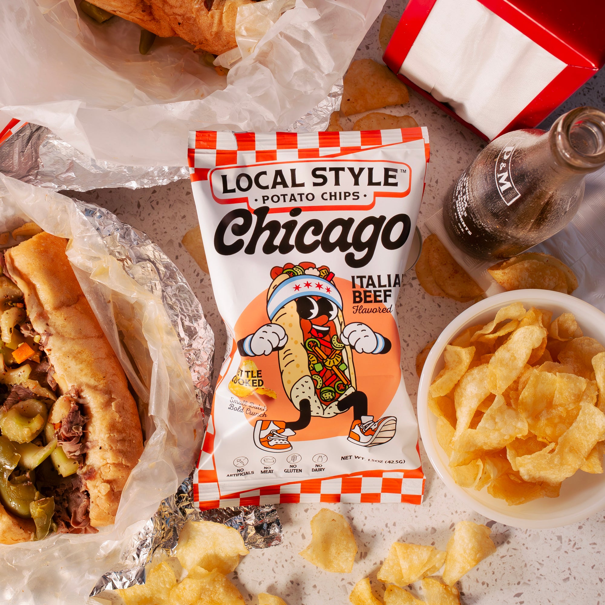Chicago Local Style potato chips, Chicago Italian Beef Flavor Chips. Gourmet Chips Chicago, Local Chicago Snack Brand, Kettle Cooked, Multi-Pack Local Style Snacks, Chicago chip company snack brand, No artificials, No meat, no gluten, dairy free.