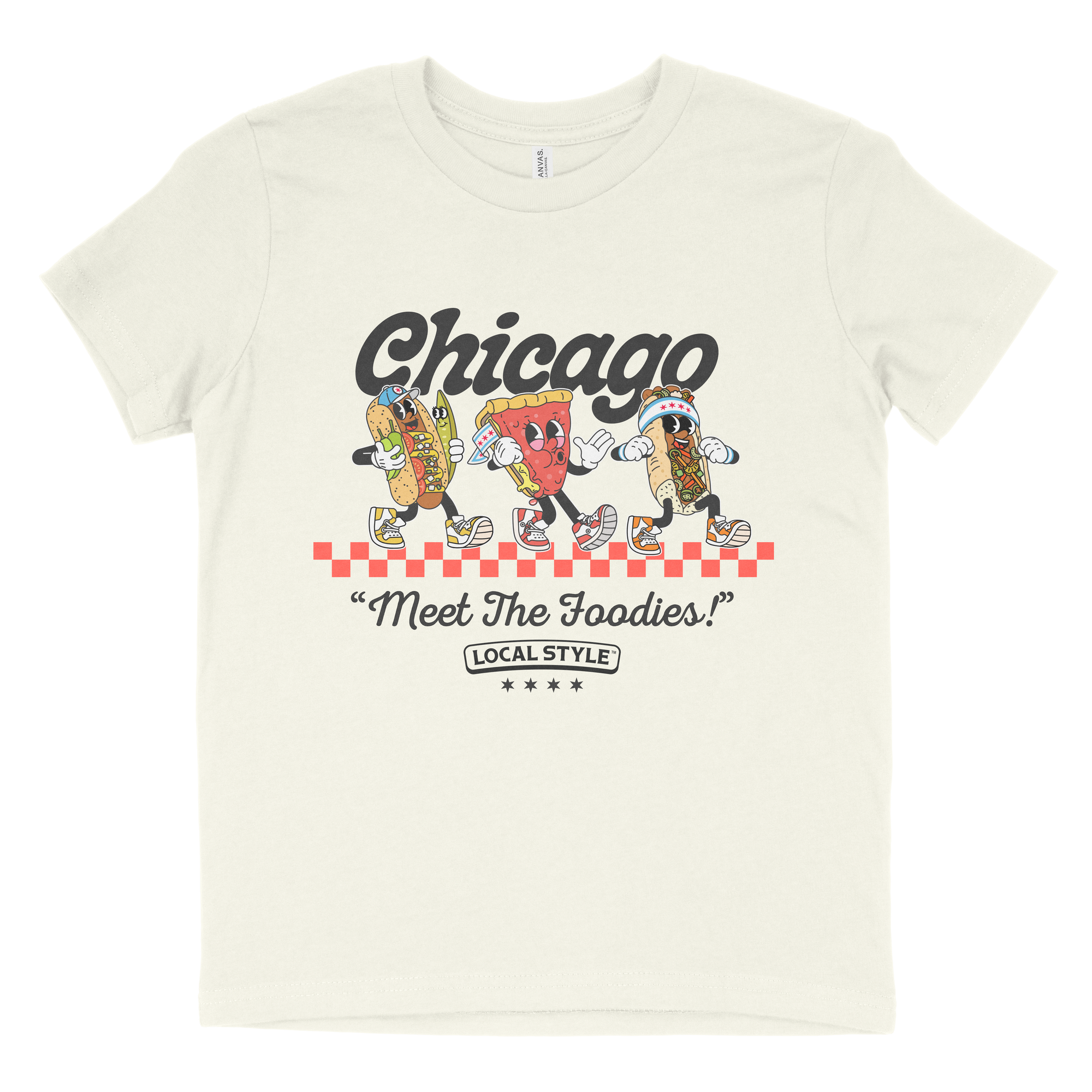 White t-shirt with cartoon food characters and 'Chicago Meet The Foodies' text on a white background