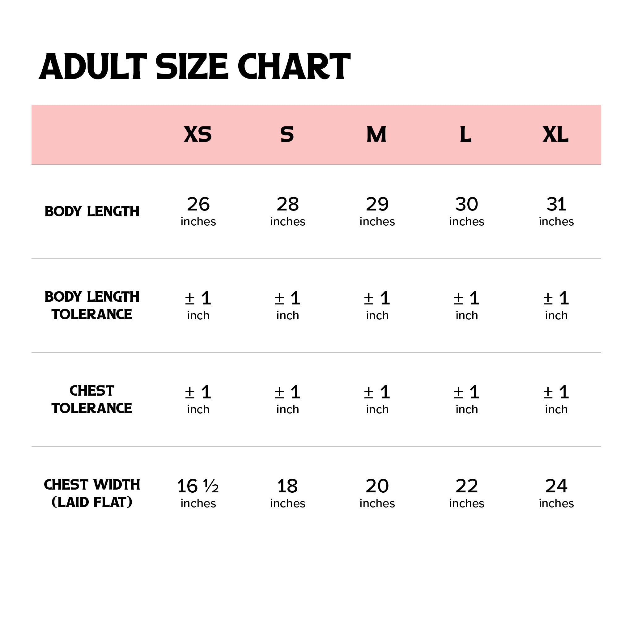 Adult size chart for clothing with measurements in inches.
