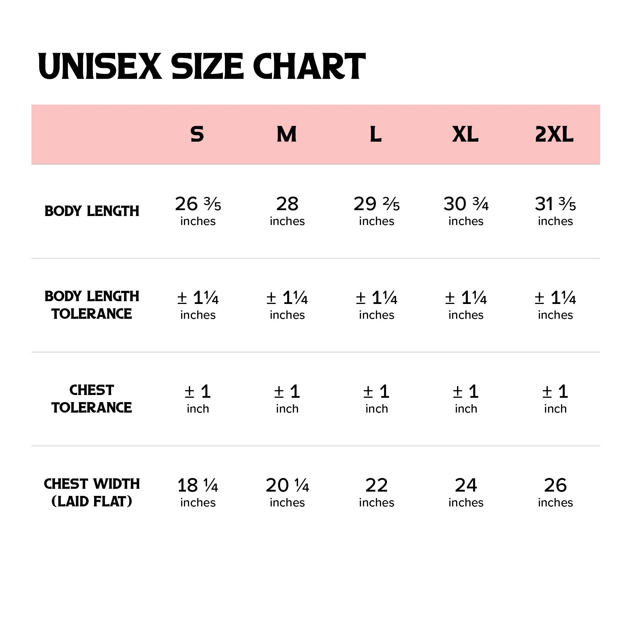 Unisex size chart for clothing with measurements in inches.