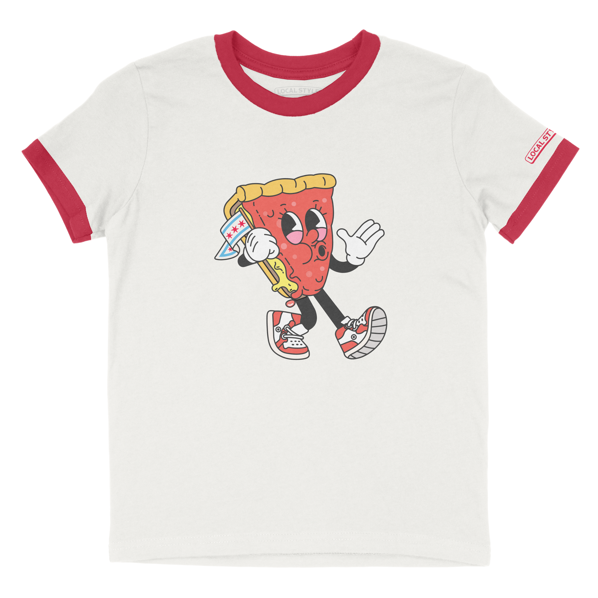 White kids t-shirt with red ringer sleeves featuring a cartoon pizza slice character on a white background
