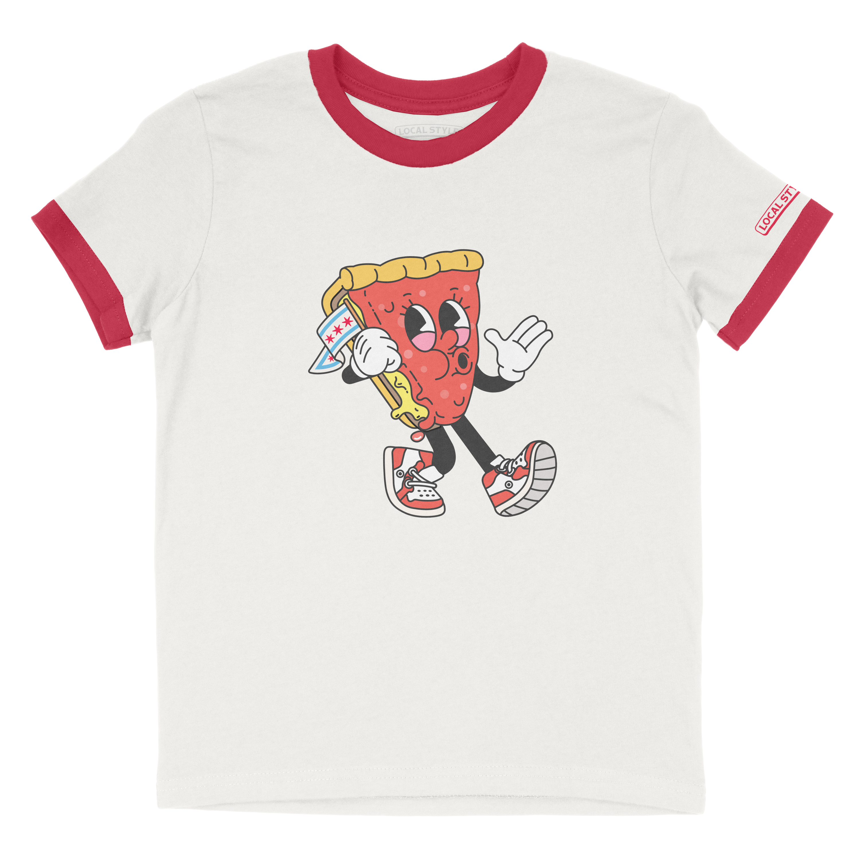 White kids t-shirt with red ringer sleeves featuring a cartoon pizza slice character on a white background