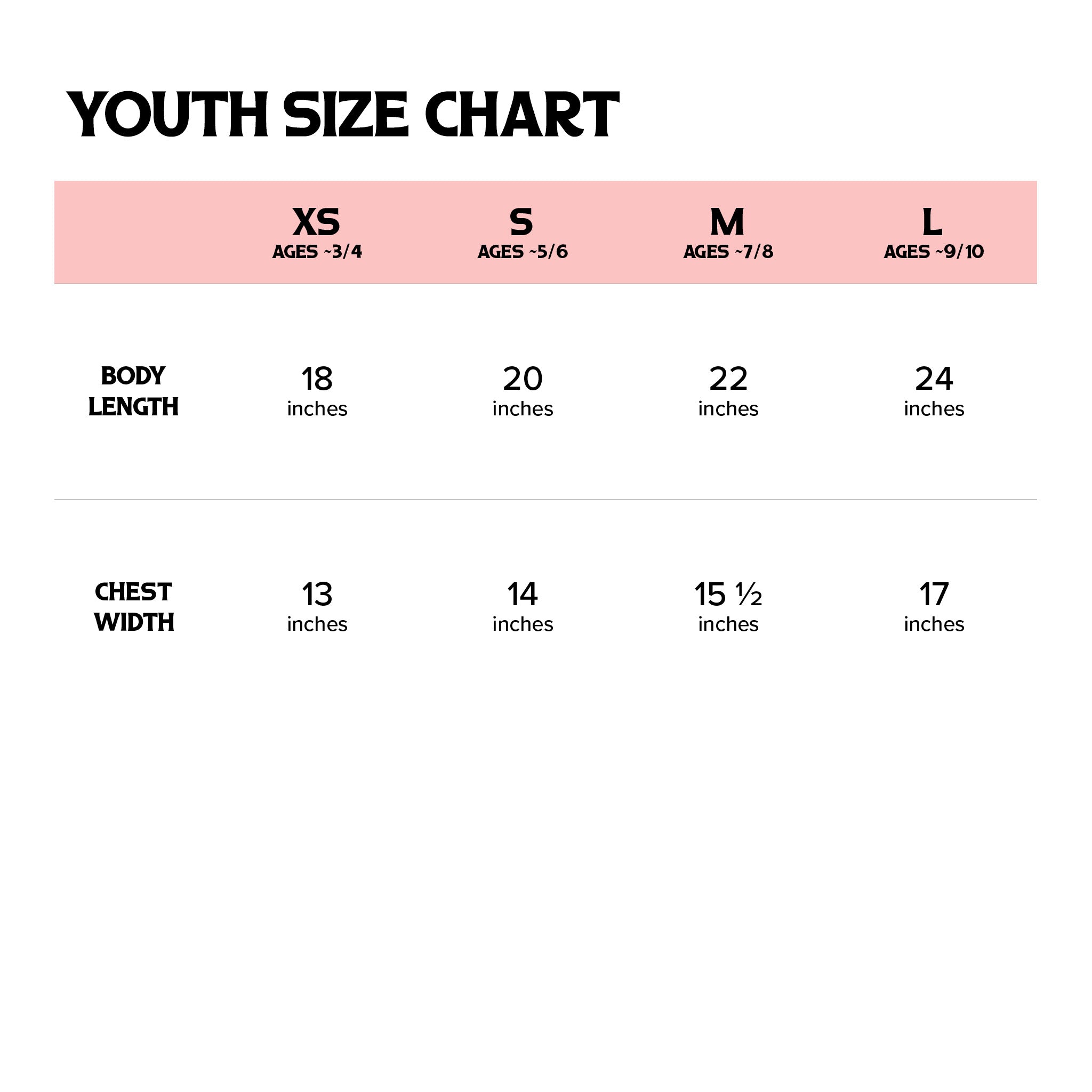 Youth size chart for clothing with measurements in inches.